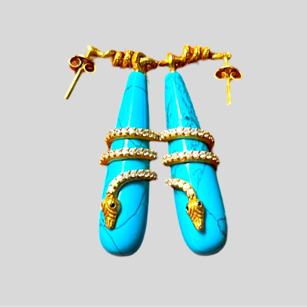 Turquoise & cz crystals Snake Drop Earrings by Azaara - Picture 5 of 10